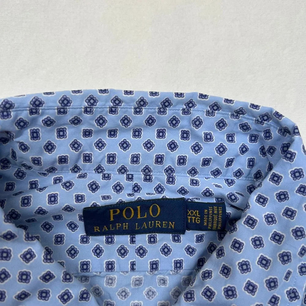 Polo Ralph Lauren Dress Shirt Mens 2XL Light Blue Geometric Print Button‎ Down